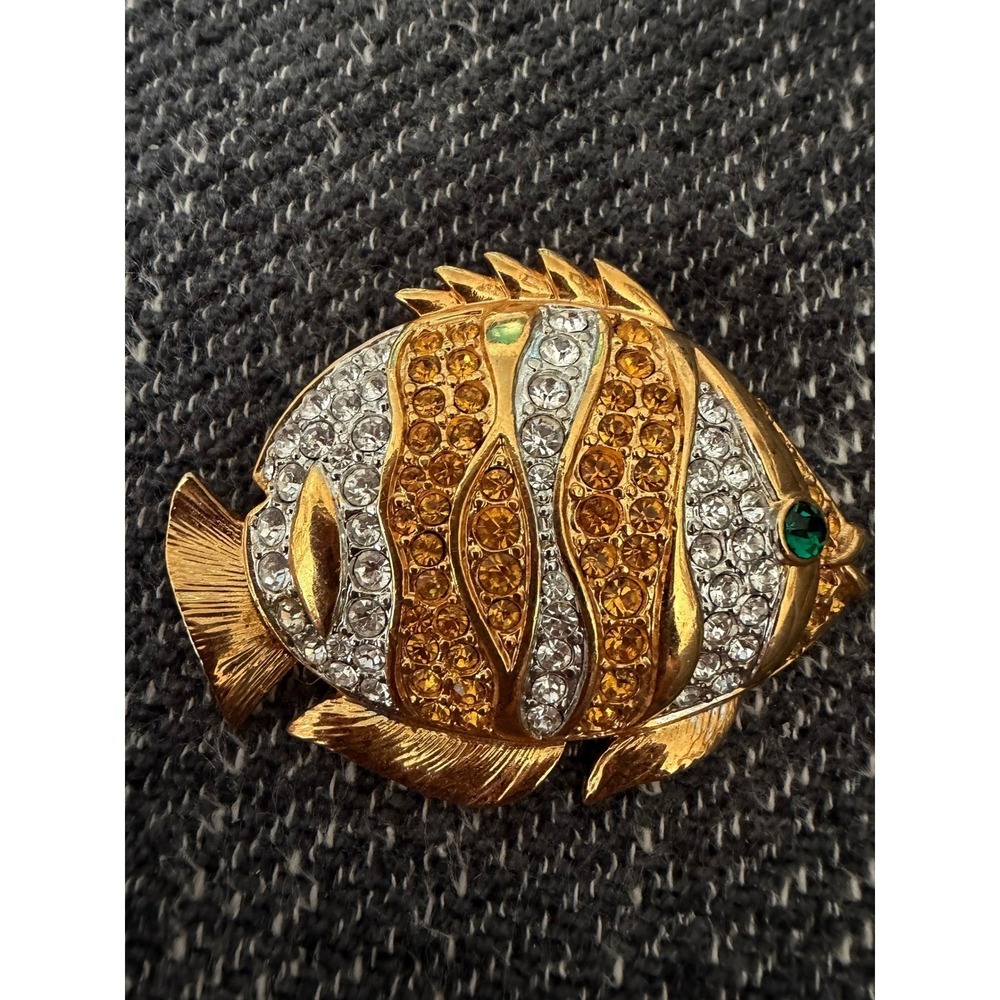 Y2K Corpcore Rhinestone Fish Brooch Gold Tone Amber Clear Tropical Angelfish Pin